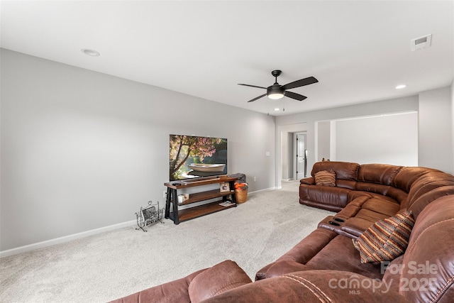 living room featuring baseboards, visible vents, ceiling fan, carpet floors, and recessed lighting