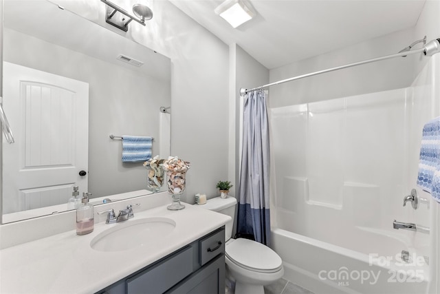 full bath featuring shower / bath combination with curtain, visible vents, vanity, and toilet