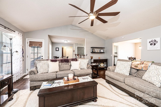 living room featuring lofted ceiling, hardwood / wood-style floors, and ceiling fan