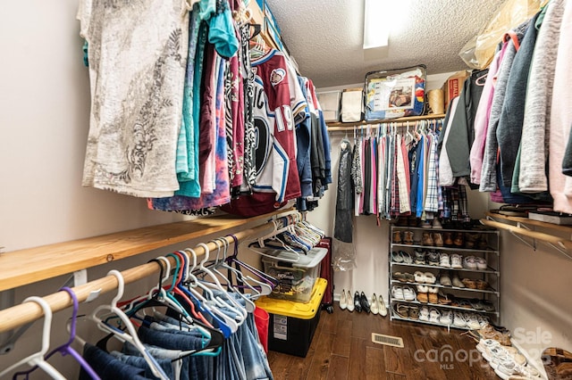 walk in closet with dark hardwood / wood-style flooring