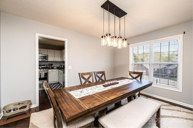 dining room with dark hardwood / wood-style floors and a textured ceiling