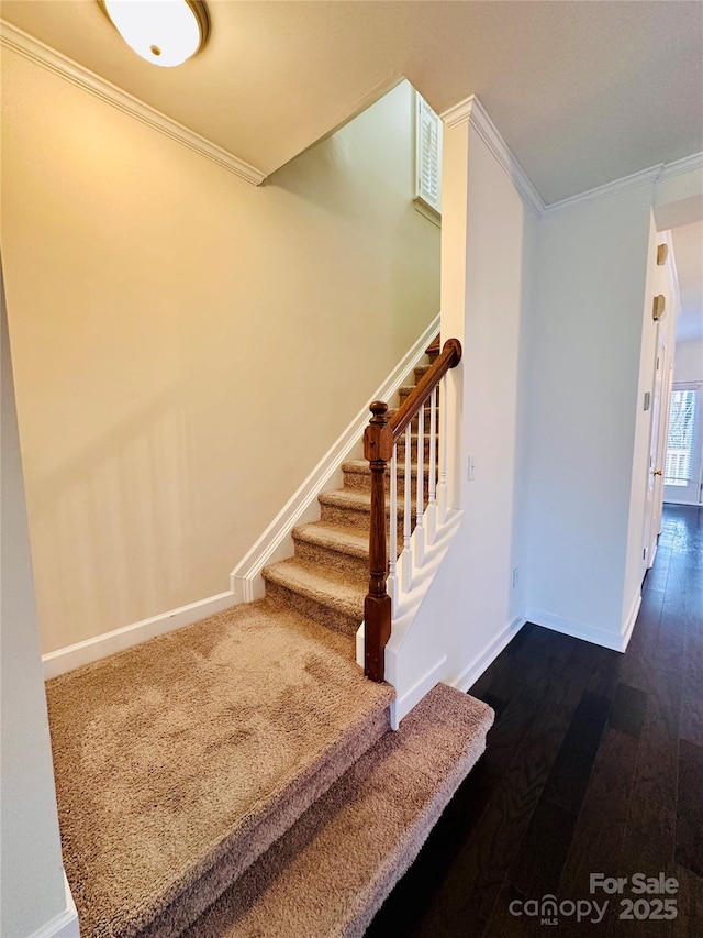 stairway featuring crown molding and hardwood / wood-style floors