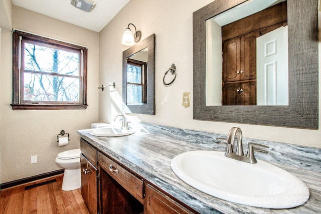 bathroom featuring vanity, wood-type flooring, and toilet