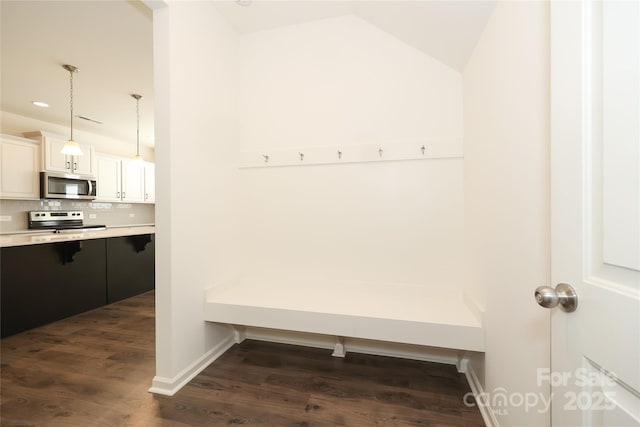 mudroom with vaulted ceiling and dark hardwood / wood-style flooring