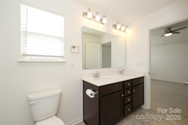 bathroom with vanity, toilet, and ceiling fan