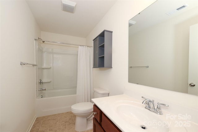 full bathroom featuring tile patterned flooring, vanity, shower / tub combo, and toilet