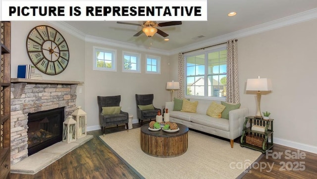 living room featuring crown molding, a stone fireplace, dark hardwood / wood-style floors, and ceiling fan