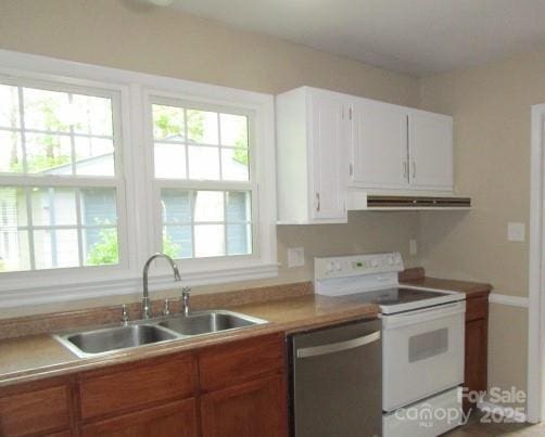 kitchen with sink, dishwasher, white cabinetry, ventilation hood, and white electric stove