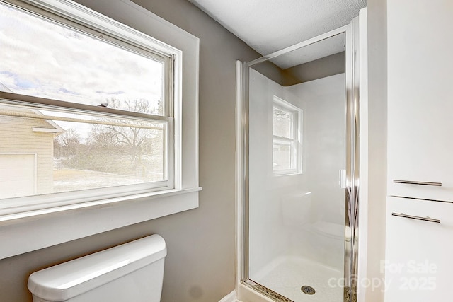 bathroom featuring a stall shower and toilet