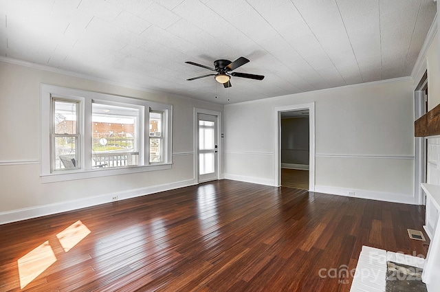 unfurnished living room featuring ornamental molding, dark wood finished floors, and a wealth of natural light