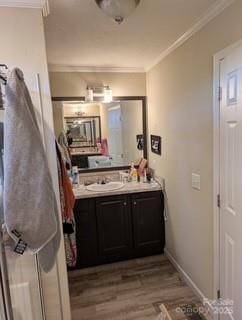 bathroom featuring ornamental molding, vanity, and wood-type flooring