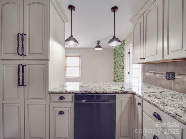 kitchen featuring white cabinetry, pendant lighting, light stone counters, and decorative backsplash