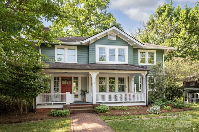 5 Chiles Ave, Asheville, NC 28803 - view of front of house featuring covered porch, a chimney, and a shingled roof