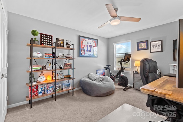 carpeted office space featuring ceiling fan