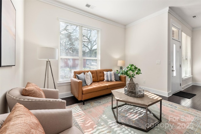 living room with ornamental molding and wood-type flooring