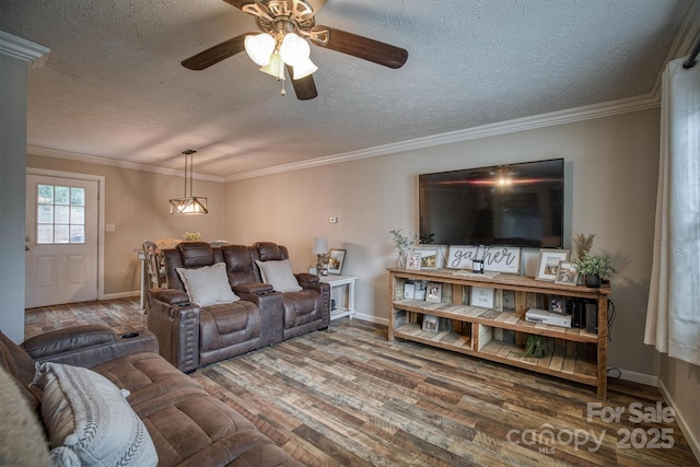 living room featuring crown molding, ceiling fan, wood-type flooring, and a textured ceiling