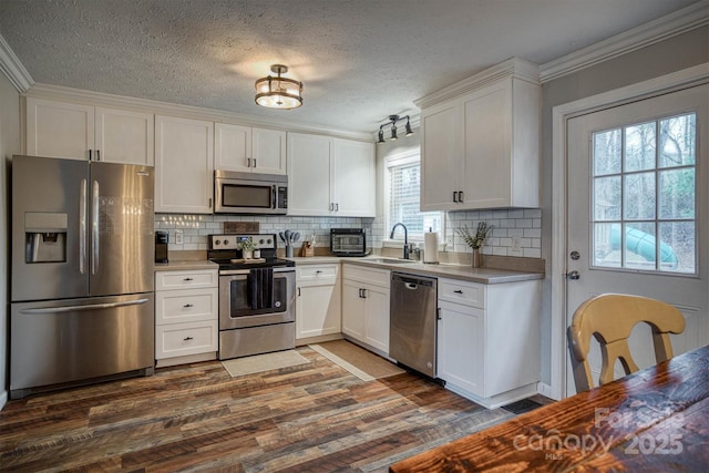 kitchen featuring white cabinetry, appliances with stainless steel finishes, sink, and dark hardwood / wood-style flooring