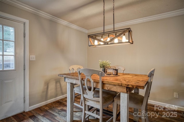 dining room featuring crown molding and dark wood-type flooring