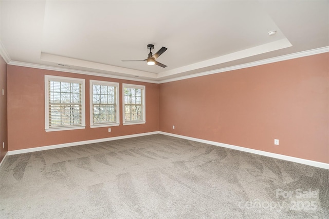 unfurnished room with a raised ceiling, crown molding, carpet flooring, and ceiling fan