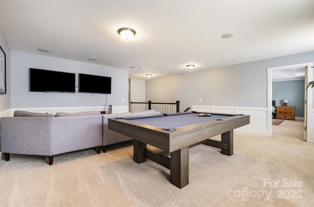 recreation room with light carpet and pool table