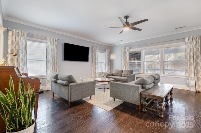 2201 Bluebell Way, Tega Cay, SC 29708 - living area featuring plenty of natural light, ceiling fan, wood finished floors, ornamental molding, and baseboards