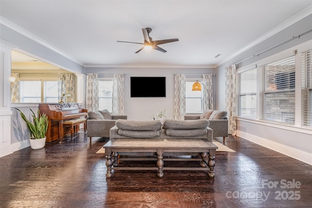 2201 Bluebell Way, Tega Cay, SC 29708 - living area featuring healthy amount of natural light, ceiling fan, dark wood finished floors, crown molding, and baseboards