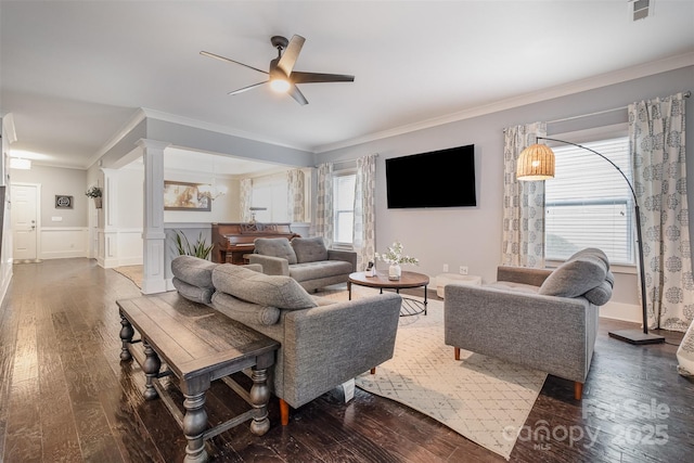 2201 Bluebell Way, Tega Cay, SC 29708 - living room featuring decorative columns, hardwood / wood-style flooring, ceiling fan, ornamental molding, and wainscoting