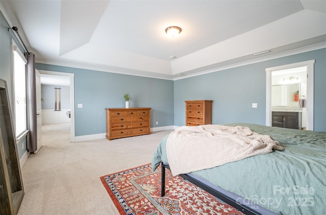2201 Bluebell Way, Tega Cay, SC 29708 - bedroom with a tray ceiling, light colored carpet, baseboards, and ensuite bathroom