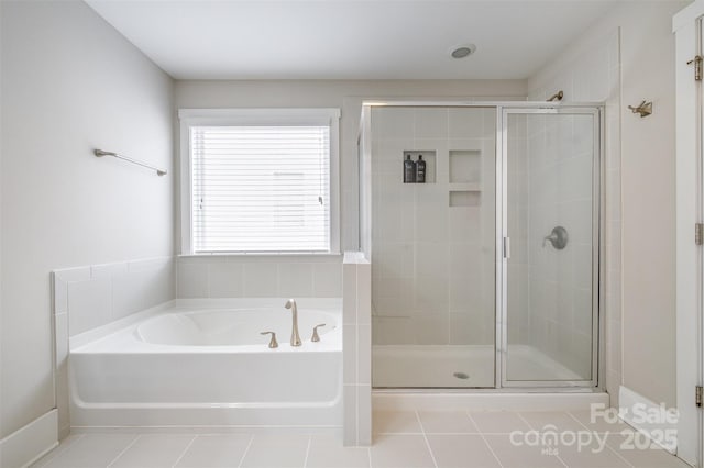 2201 Bluebell Way, Tega Cay, SC 29708 - bathroom featuring a garden tub, a stall shower, and tile patterned floors