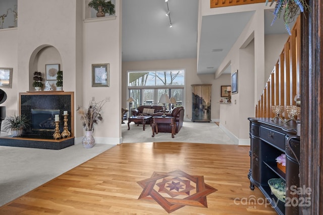 foyer with a high ceiling, a premium fireplace, rail lighting, and carpet floors