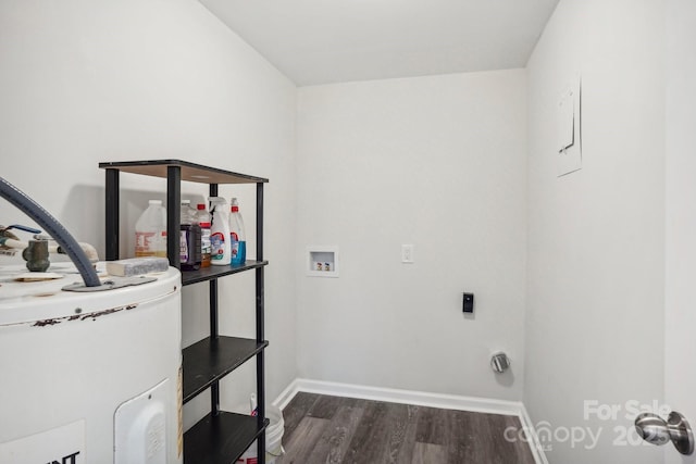 laundry room with water heater, hookup for a washing machine, dark hardwood / wood-style floors, and hookup for an electric dryer