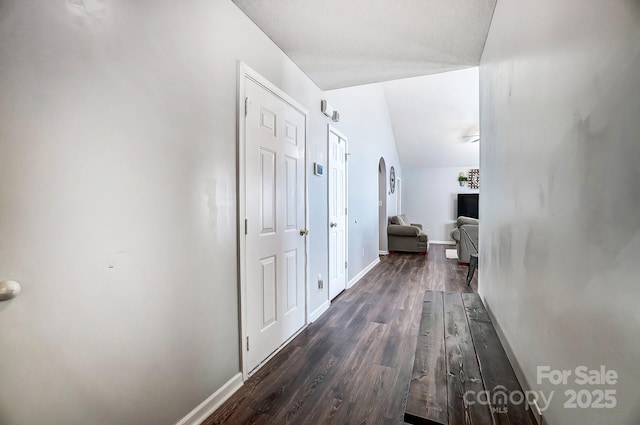 corridor with lofted ceiling and dark hardwood / wood-style flooring