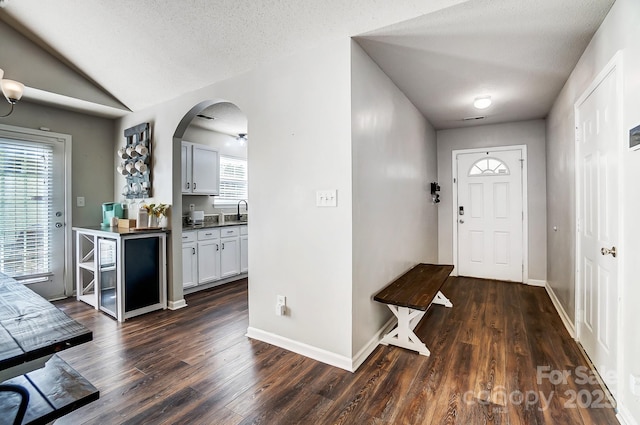 entrance foyer featuring a healthy amount of sunlight, vaulted ceiling, dark wood-type flooring, and a textured ceiling