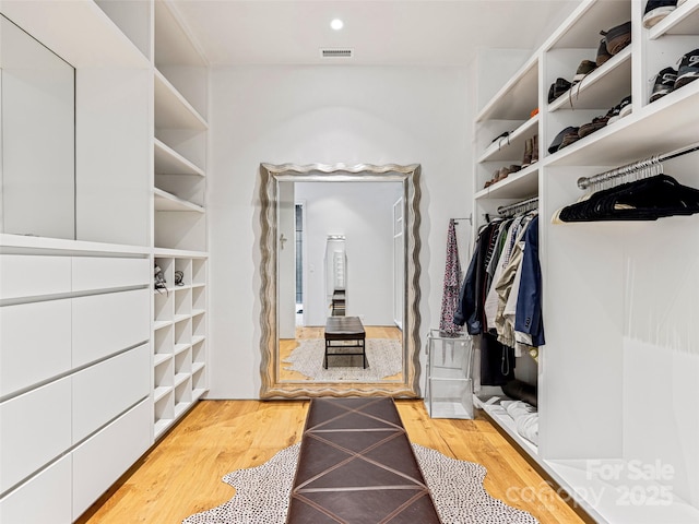 walk in closet with hardwood / wood-style floors