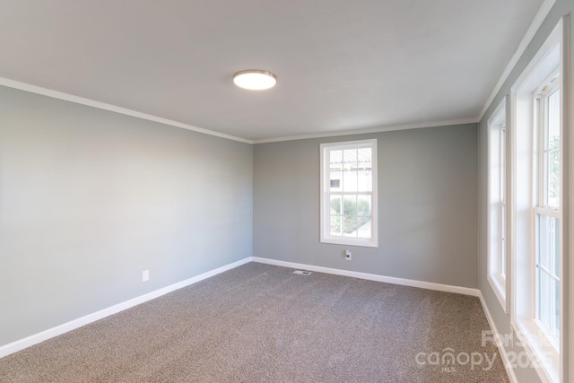 carpeted empty room with ornamental molding