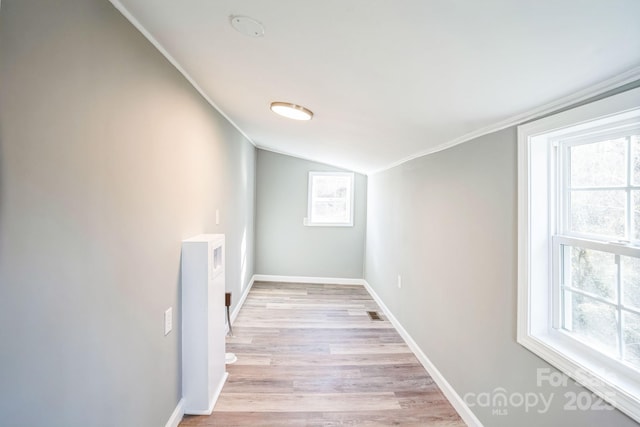 interior space featuring crown molding, lofted ceiling, a healthy amount of sunlight, and light hardwood / wood-style floors