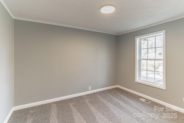 carpeted spare room with ornamental molding and a textured ceiling