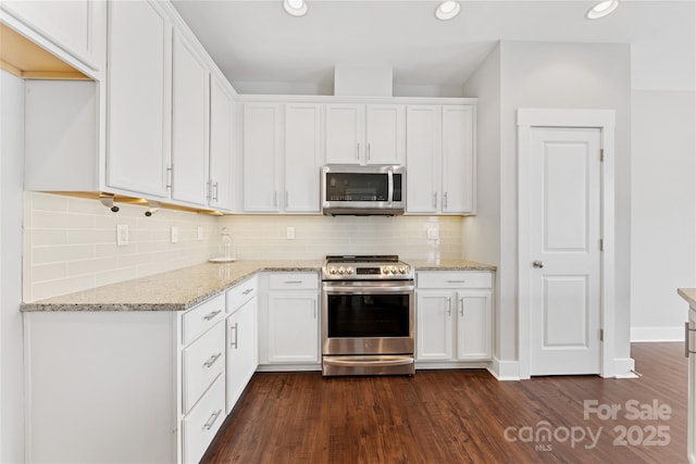 kitchen featuring white cabinetry, light stone counters, dark hardwood / wood-style flooring, and stainless steel appliances