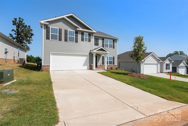 view of front of property featuring cooling unit, a garage, and a front lawn