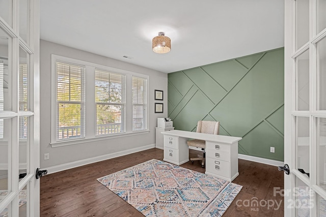 office space featuring dark wood-type flooring and french doors