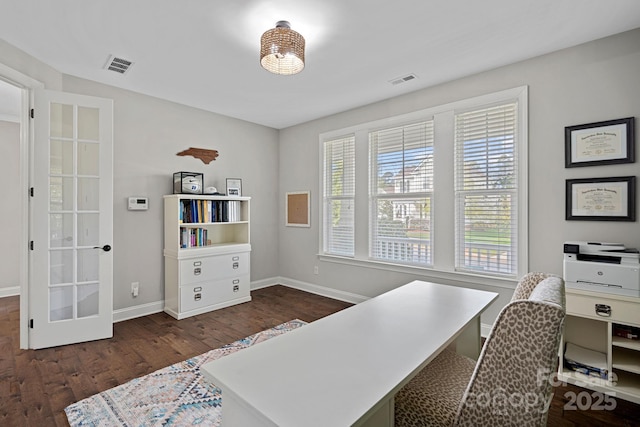 home office with dark hardwood / wood-style flooring