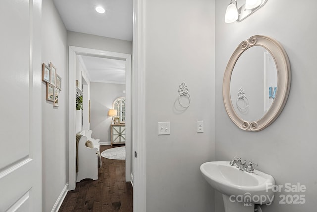 bathroom with sink and hardwood / wood-style flooring