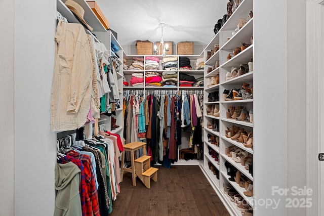 spacious closet featuring lofted ceiling, dark hardwood / wood-style flooring, and an inviting chandelier