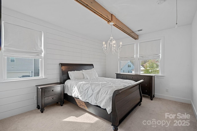 carpeted bedroom featuring beamed ceiling, a chandelier, and wood walls