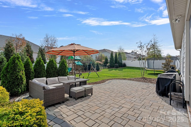 view of patio / terrace featuring a playground, an outdoor hangout area, and a trampoline