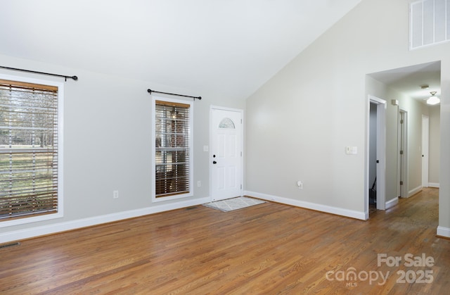 entrance foyer featuring a wealth of natural light, high vaulted ceiling, and wood-type flooring