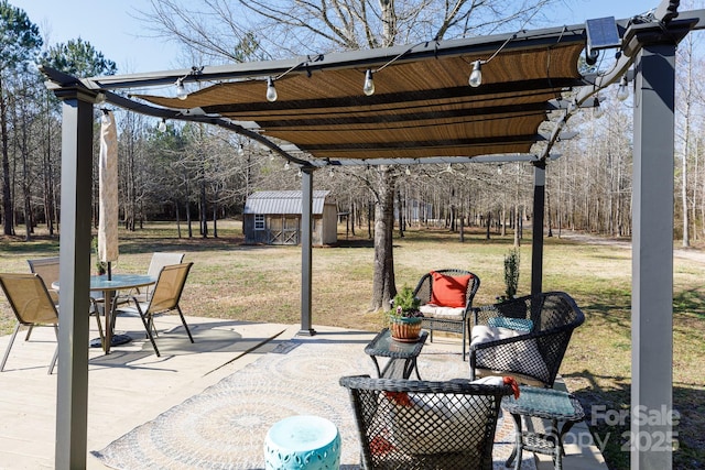 view of patio featuring a storage unit