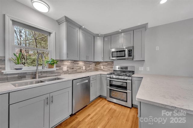 kitchen featuring backsplash, gray cabinetry, light wood-style flooring, stainless steel appliances, and a sink