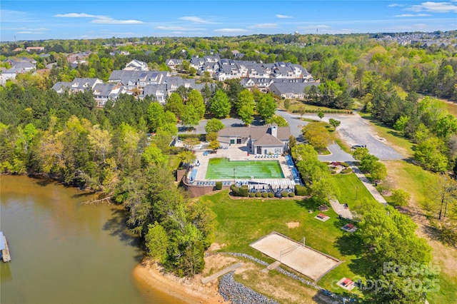 aerial view featuring a residential view and a water view