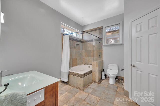 1077 Gauguin Ln, Tega Cay, SC 29708 - bathroom featuring toilet, baseboards, stone tile flooring, vanity, and tiled shower / bath
